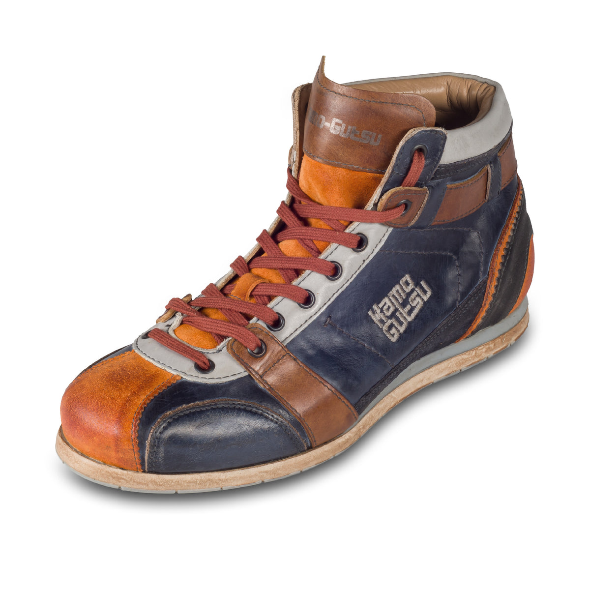 Kamo-Gutsu Sneaker-Stiefel Herren in blau mit orange und braun (TIFO-112 arancio blu). Aus Kalbsleder stonewashed. Handgefertigt Made in Italy. Schräge Ansicht linker Schuh