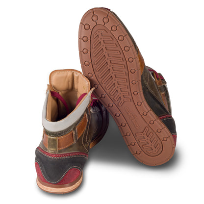 Kamo-Gutsu Sneaker-Stiefel Herren in grün mit rot und braun (TIFO-112 rosso foresta). Aus Kalbsleder stonewashed. Handgefertigt Made in Italy. Ansicht Sohle und Ferse