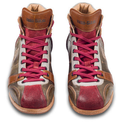 Kamo-Gutsu Sneaker-Stiefel Herren in grün mit rot und braun (TIFO-112 rosso foresta). Aus Kalbsleder stonewashed. Handgefertigt Made in Italy. Paarweise Ansicht von vorne