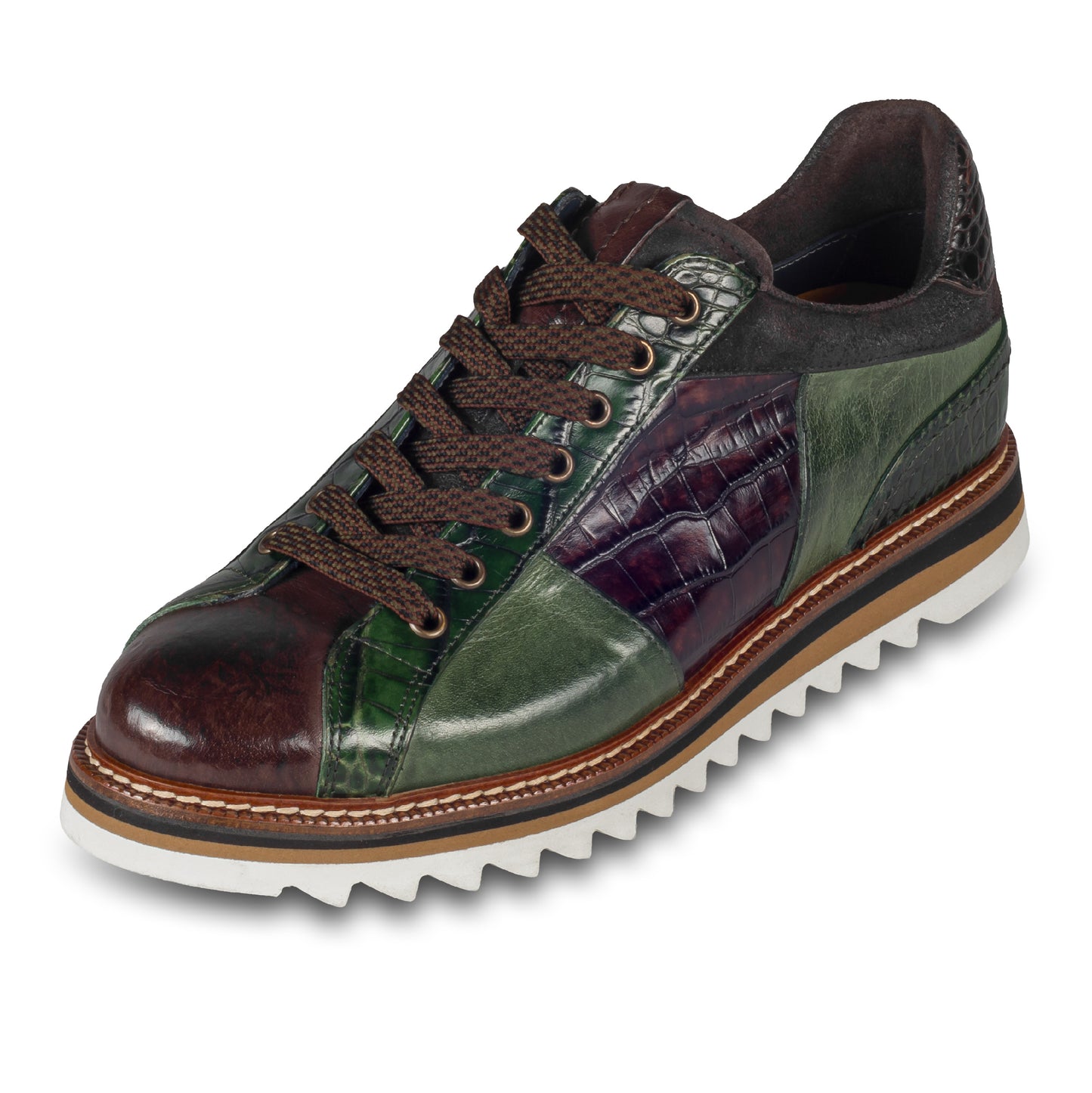 LORENZI Sneaker Herren in grün/braun, Kalbsleder mit Reptilprägung, stonewashed-Optik. Handgefertigt in Italien. Schräge Ansicht linker Schuh