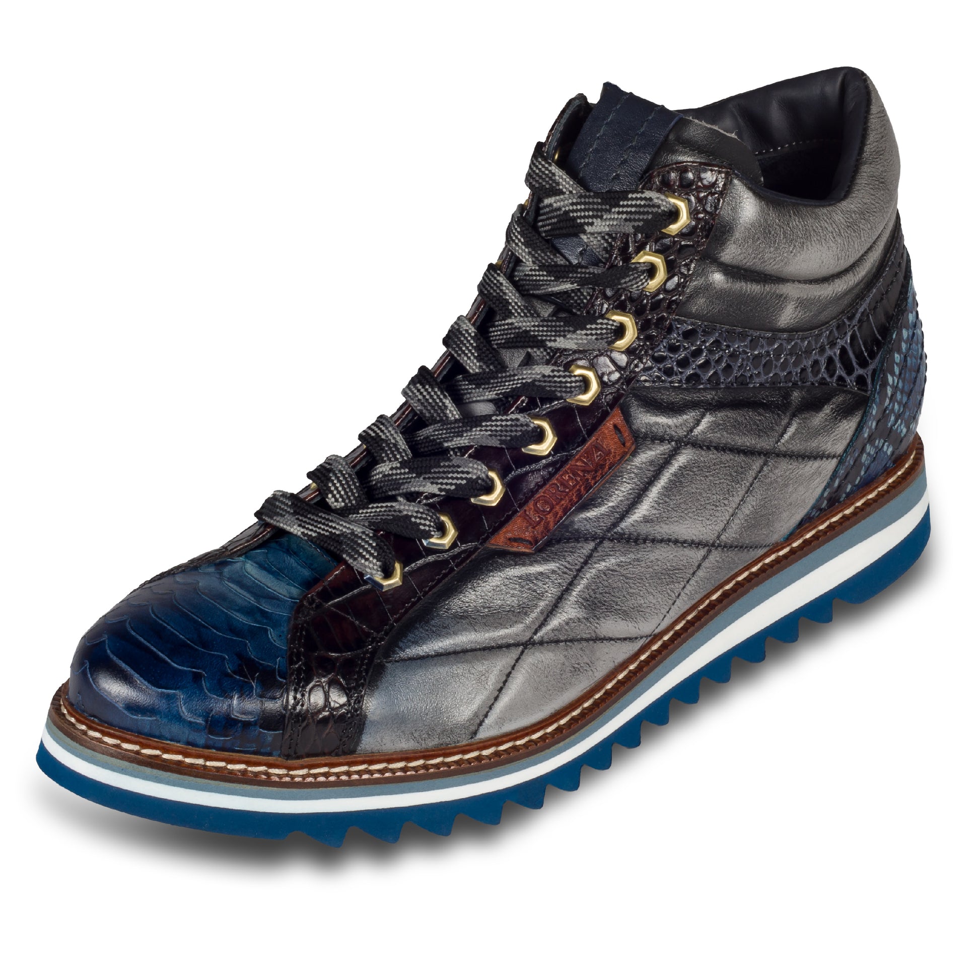 LORENZI Herren Sneaker-Stiefel / High-Top, in blau/grau, Reptilprägung, Steppoptik, Airbrush-Färbung. Mit Lammfelll und Reißverschluß. Handgefertigt in Italien. Schräge Ansicht linker Schuh