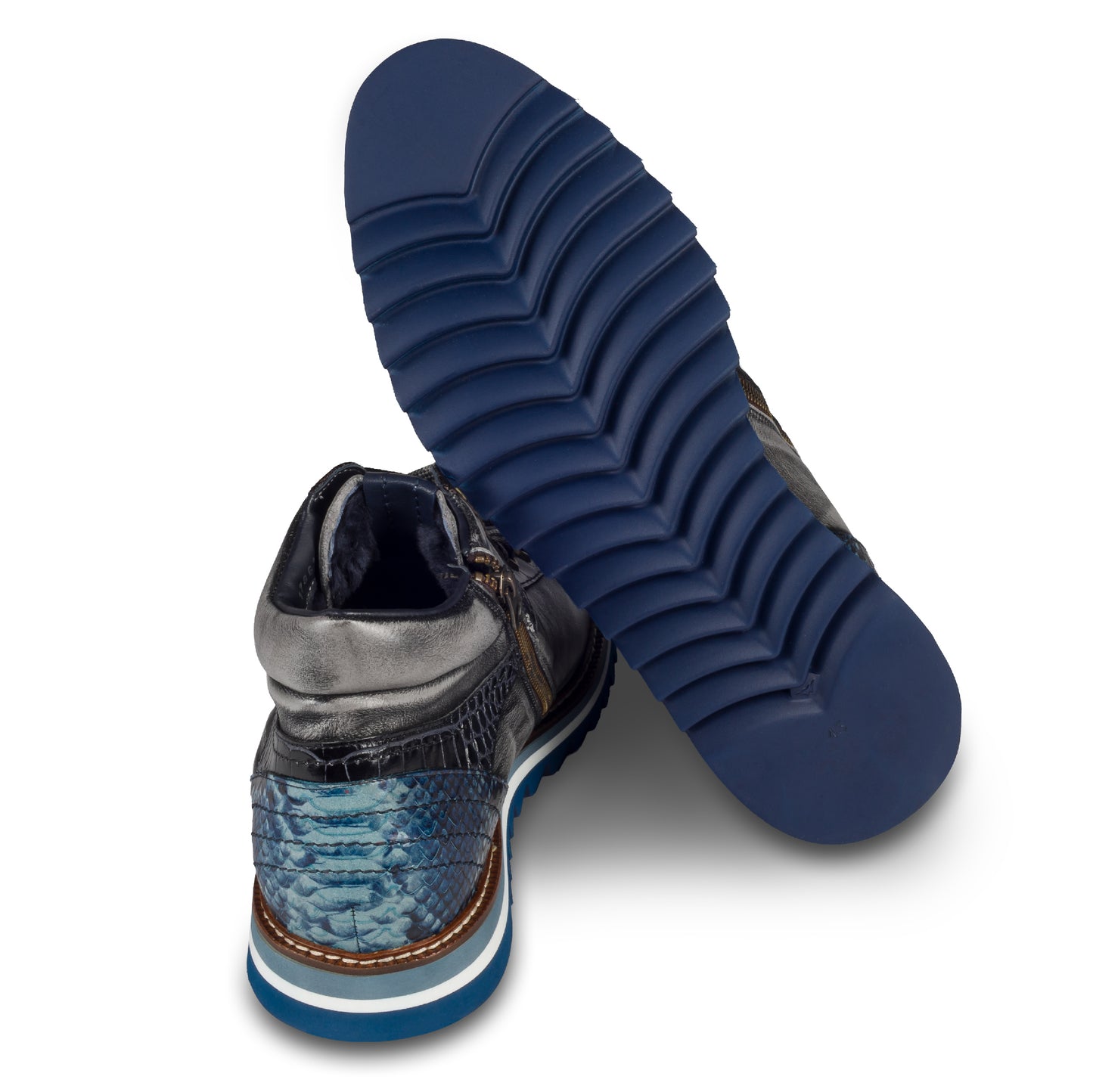 LORENZI Herren Sneaker-Stiefel / High-Top, in blau/grau, Reptilprägung, Steppoptik, Airbrush-Färbung. Mit Lammfelll und Reißverschluß. Handgefertigt in Italien. Ansicht Sohle und Ferse