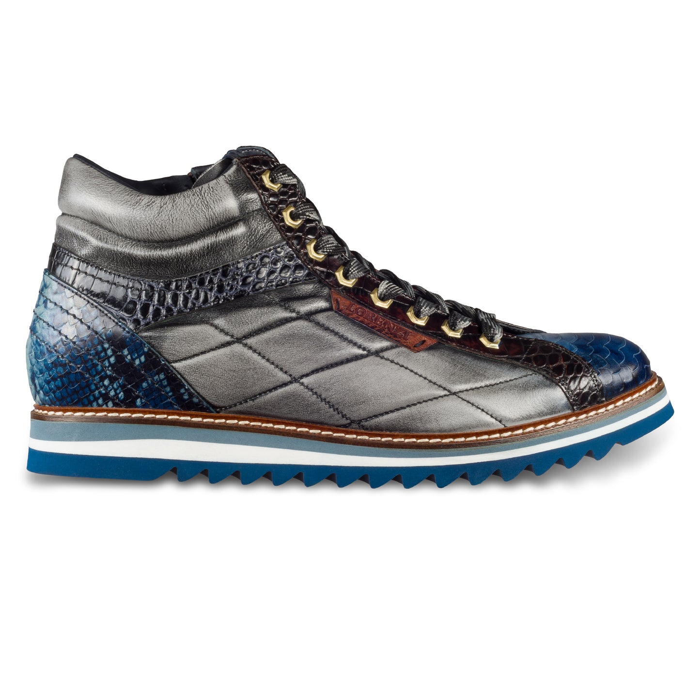 LORENZI Herren Sneaker-Stiefel / High-Top, in blau/grau, Reptilprägung, Steppoptik, Airbrush-Färbung. Mit Lammfelll und Reißverschluß. Handgefertigt in Italien. Ansicht Außenseite rechter Schuh