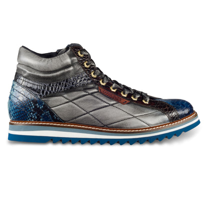 LORENZI Herren Sneaker-Stiefel / High-Top, in blau/grau, Reptilprägung, Steppoptik, Airbrush-Färbung. Mit Lammfelll und Reißverschluß. Handgefertigt in Italien. Ansicht Außenseite rechter Schuh