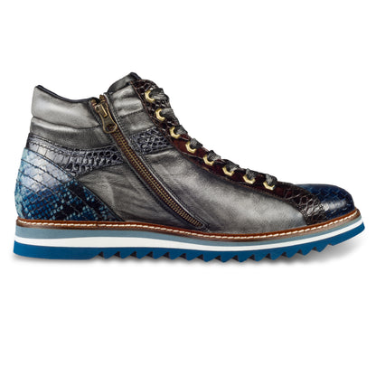 LORENZI Herren Sneaker-Stiefel / High-Top, in blau/grau, Reptilprägung, Steppoptik, Airbrush-Färbung. Mit Lammfelll und Reißverschluß. Handgefertigt in Italien. Ansicht Innenseite linker Schuh