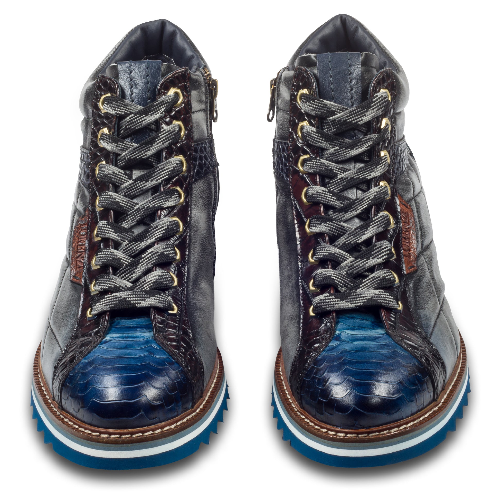 LORENZI Herren Sneaker-Stiefel / High-Top, in blau/grau, Reptilprägung, Steppoptik, Airbrush-Färbung. Mit Lammfelll und Reißverschluß. Handgefertigt in Italien. Paarweise Ansicht von vorne
