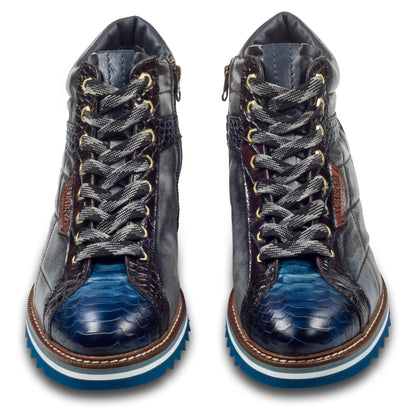 LORENZI Herren Sneaker-Stiefel / High-Top, in blau/grau, Reptilprägung, Steppoptik, Airbrush-Färbung. Mit Lammfelll und Reißverschluß. Handgefertigt in Italien. Paarweise Ansicht von vorne