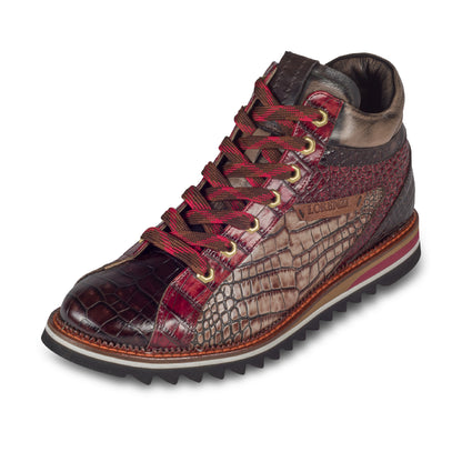 LORENZI Herren Sneaker-Stiefel / High-Top, in graun/rot, Reptilprägung. Mit Lammfelll und Reißverschluß. Handgefertigt in Italien. Schräge Ansicht linker Schuh.