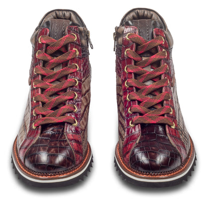 LORENZI Herren Sneaker-Stiefel / High-Top, in graun/rot, Reptilprägung. Mit Lammfelll und Reißverschluß. Handgefertigt in Italien. Paarweise Ansicht von vorne