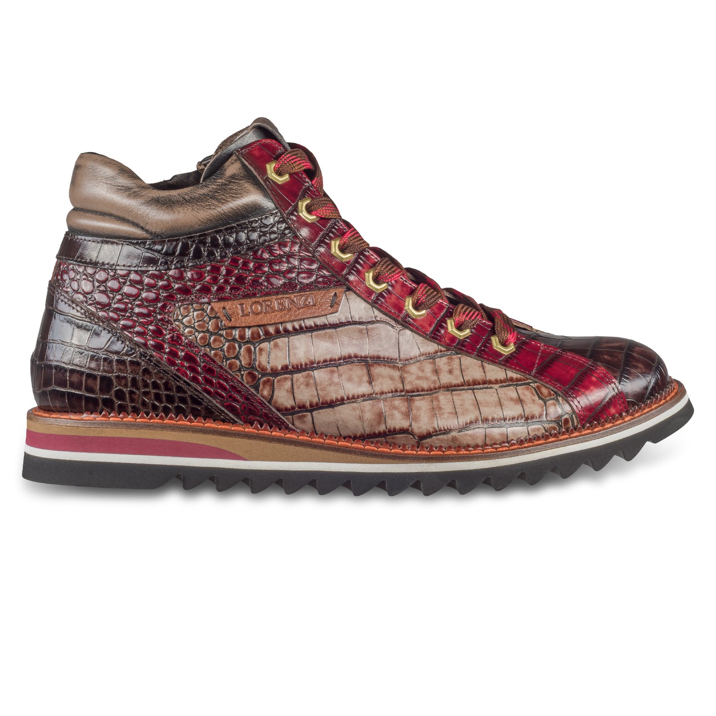 LORENZI Herren Sneaker-Stiefel / High-Top, in graun/rot, Reptilprägung. Mit Lammfelll und Reißverschluß. Handgefertigt in Italien. Ansicht Außenseite rechter Schuh