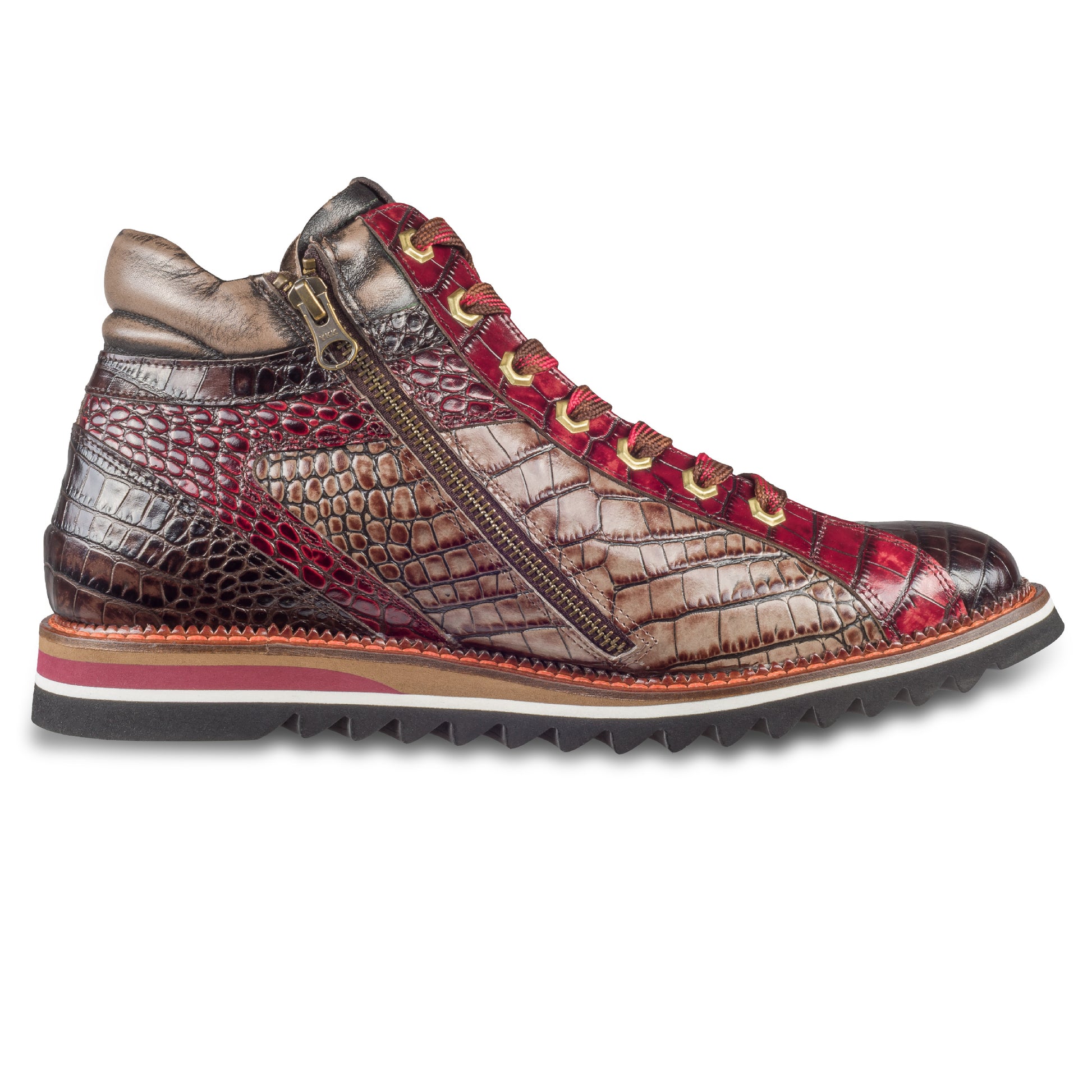 LORENZI Herren Sneaker-Stiefel / High-Top, in graun/rot, Reptilprägung. Mit Lammfelll und Reißverschluß. Handgefertigt in Italien. Ansicht Innenseite linker Schuh