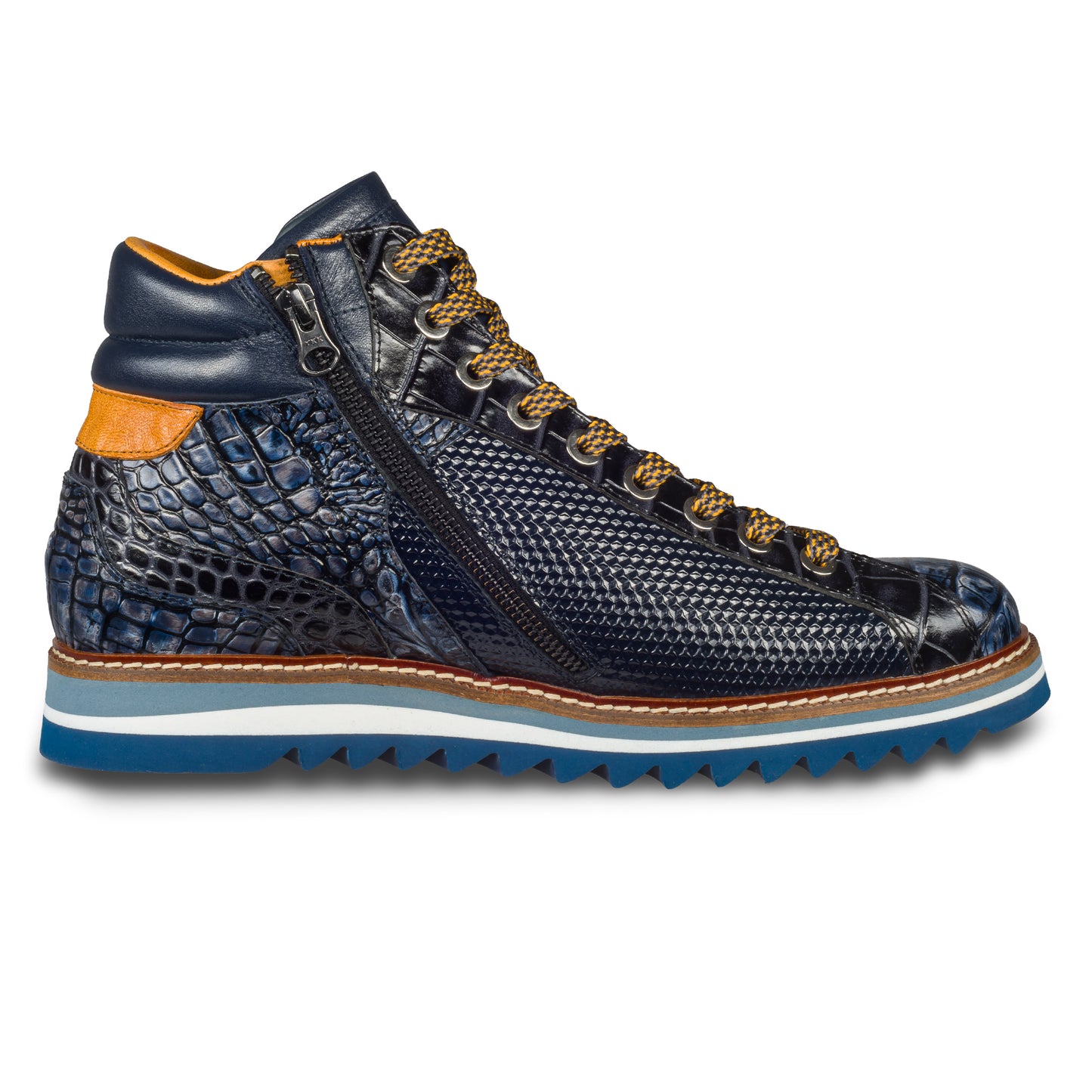 Lorenzi - Herren Leder Sneaker Stiefel in blau, mit raffinierter Prägung und Kroko-Optik. Mit Reißverschluß. Handgefertigt in Italien. Ansicht der Innenseite linker Schuh. 