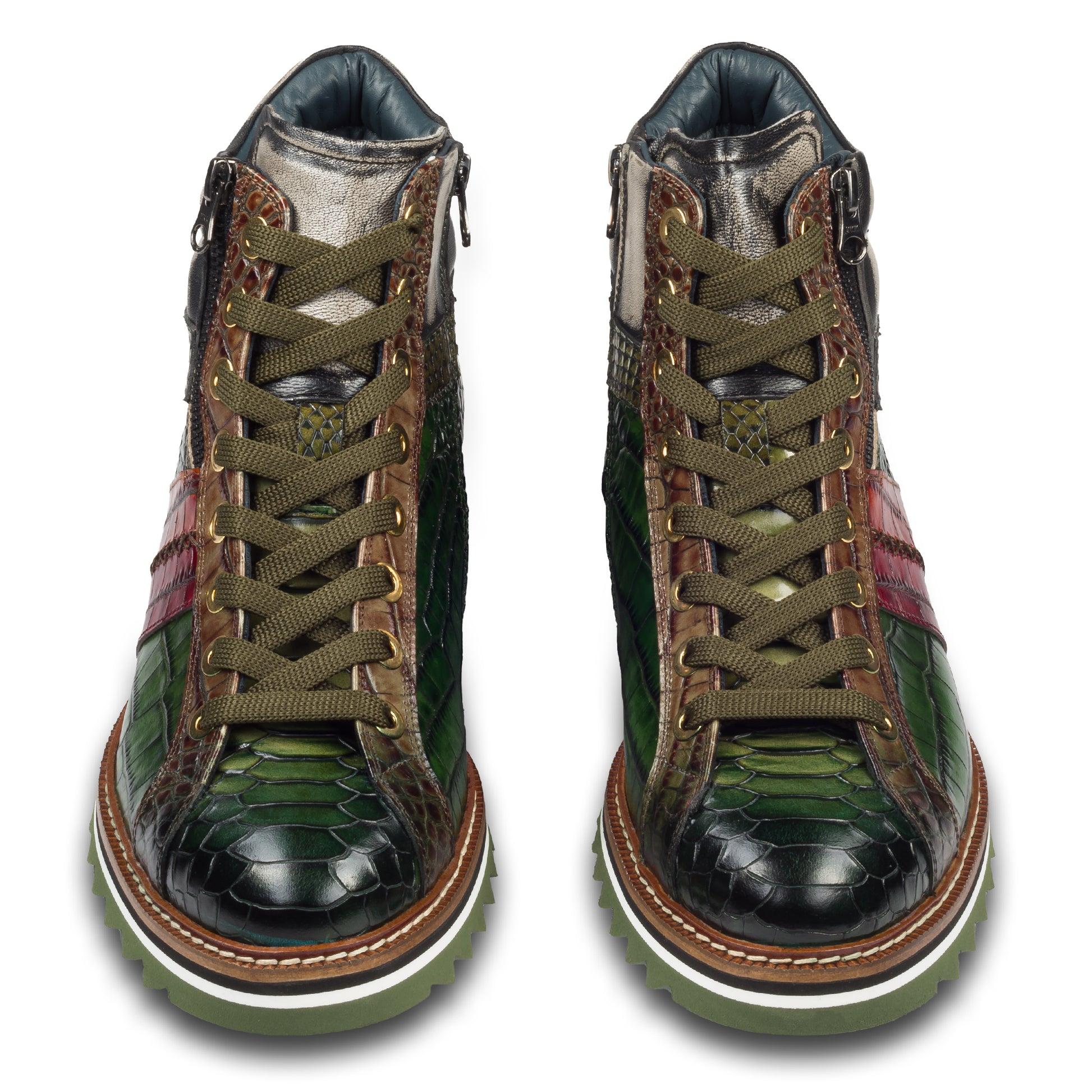 Lorenzi Italienische Herren Leder-Sneaker Stiefel in grün mit Kroko-Prägung und Reißverschluß. Handgefertigt. Paarweise Ansicht von vorne