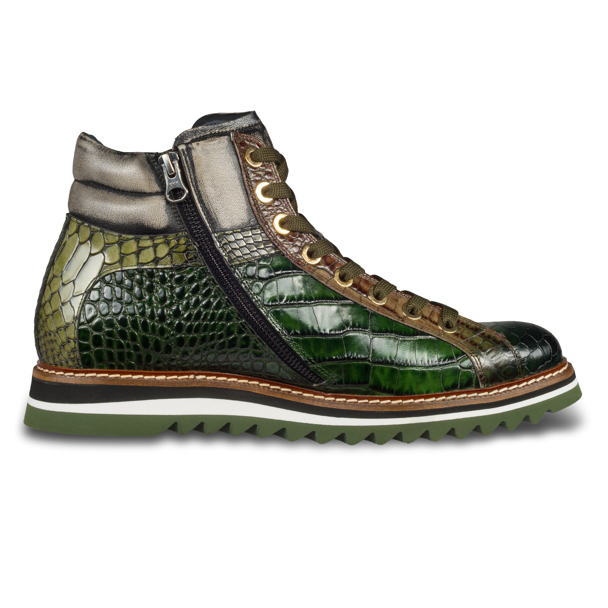 Lorenzi Italienische Herren Leder-Sneaker Stiefel in grün mit Kroko-Prägung und Reißverschluß. Handgefertigt. Ansicht der Innenseite linker Schuh. 