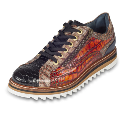 LORENZI Sneaker Herren in braun mit schwarz, in Reptilprägung aus Kalbsleder. Mit Reißverschluß. Handgefertigt & Durchgenäht. Made in Italy. Schräge Ansicht linker Schuh.