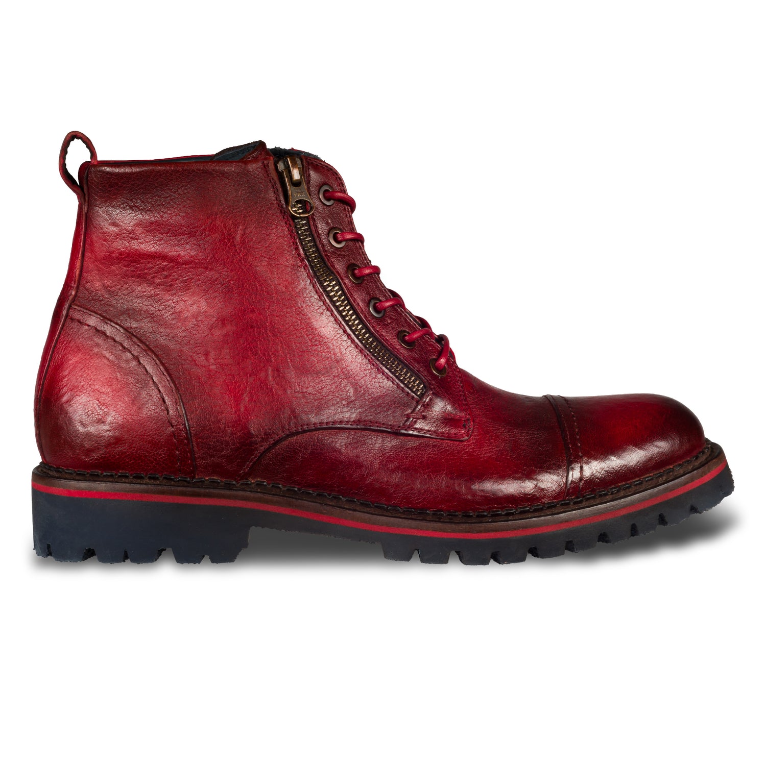 Lorenzi Leder Schnür-Boots rot, stone washed, mit Reißverschluß. Durchgenäht. Ansicht der Außenseite rechter Schuh.