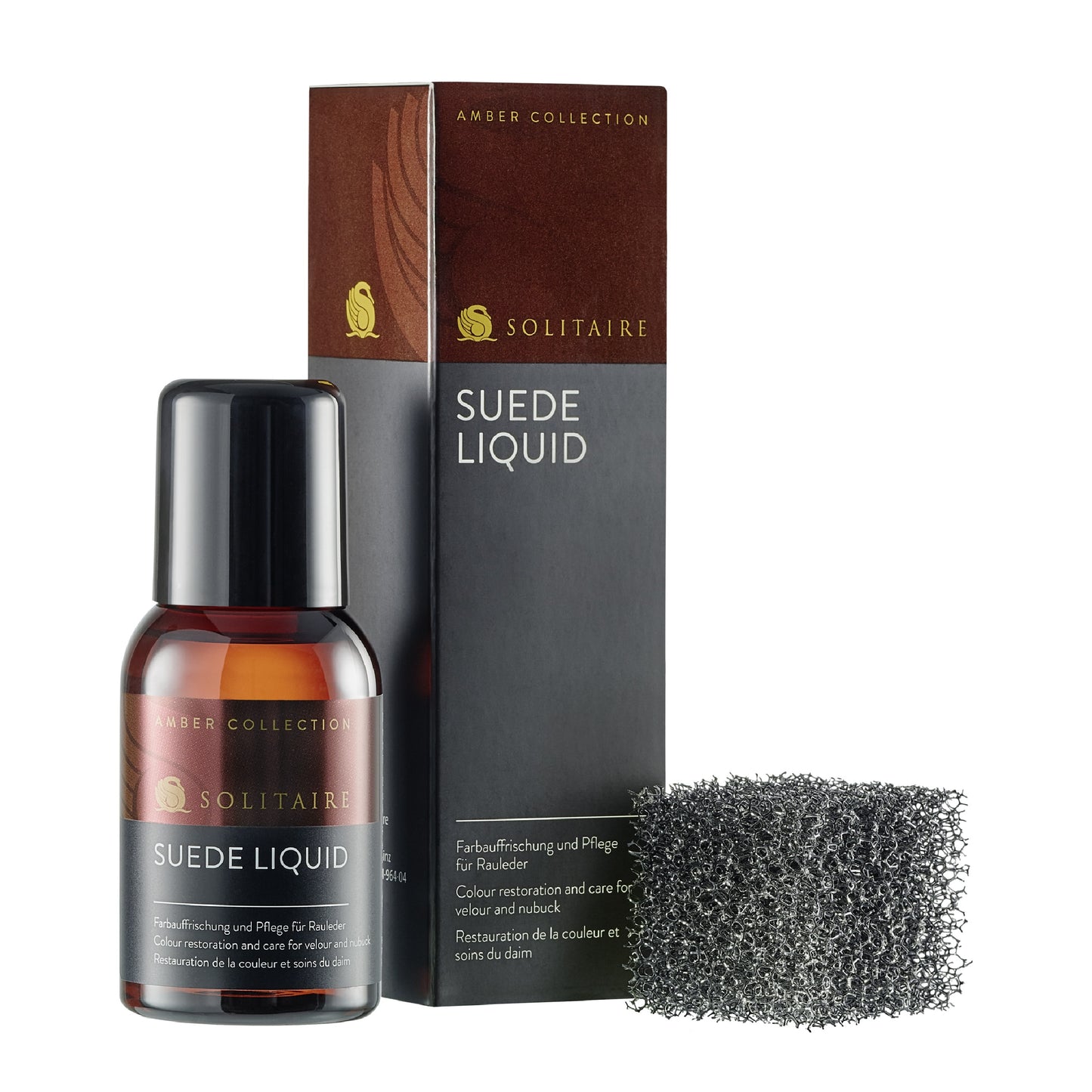 Solitaire Amber Collection:  "Suede Liquid" Set (100 ml) zur Farbauffrischung für Rauleder, Art. 901369. Ansicht des Set