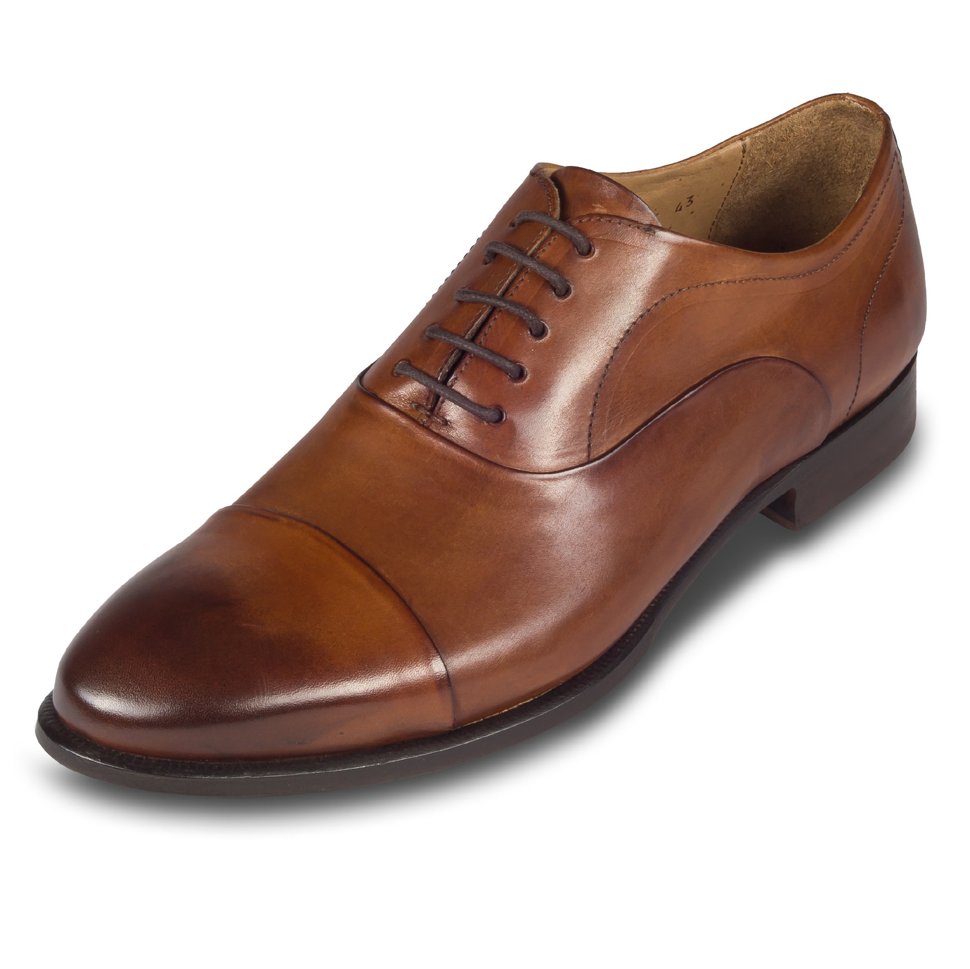 BRECOS Anzugschuhe, Captoe Oxford dunkelbraun, Kalbsleder durchgenäht. Ansicht schräg linker Schuh