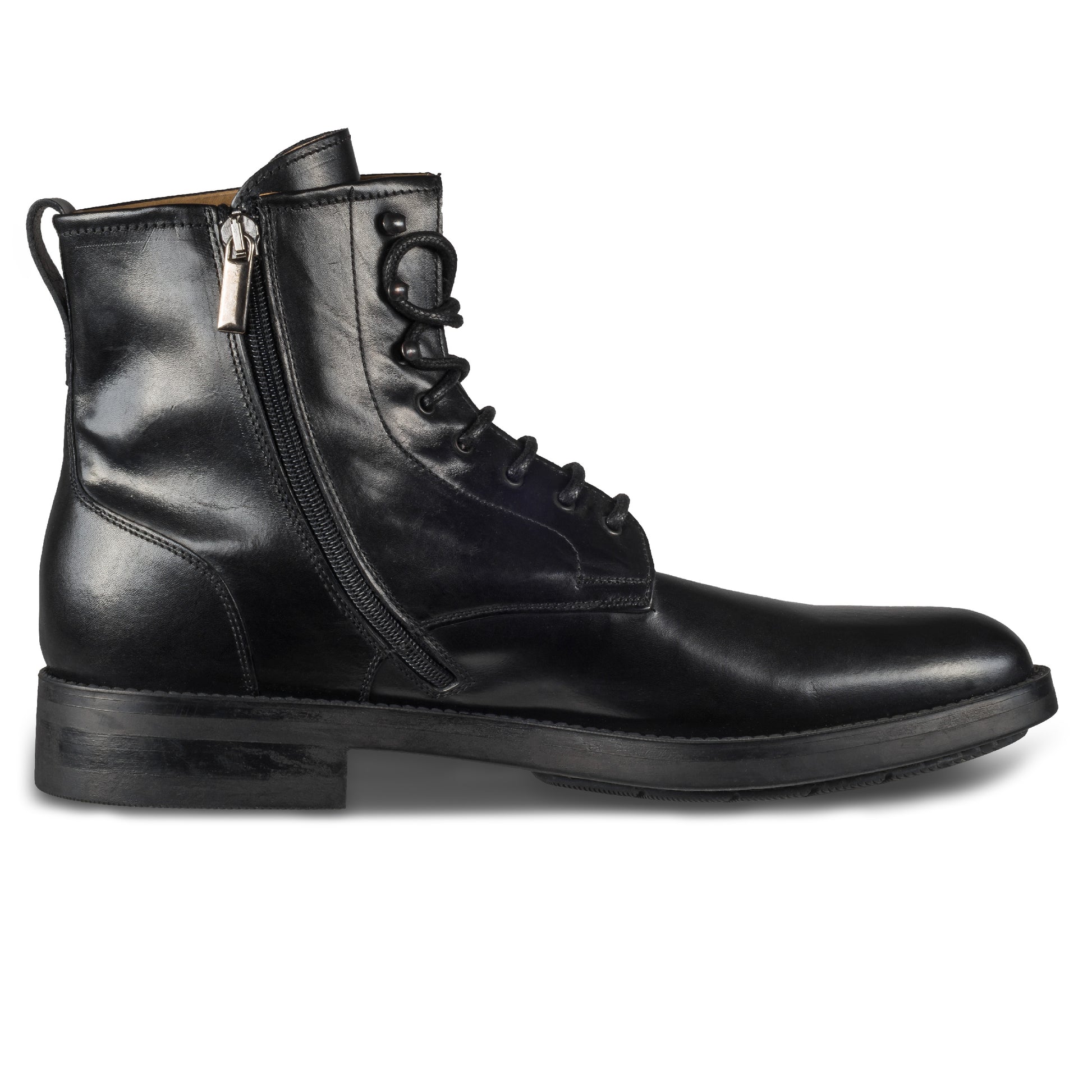 BRECOS Italienische Herren Schnür-Stiefelette mit Reißverschluß, schwarz, Kalbsleder, handgefertigt. Ansicht Innenseite linker Schuh