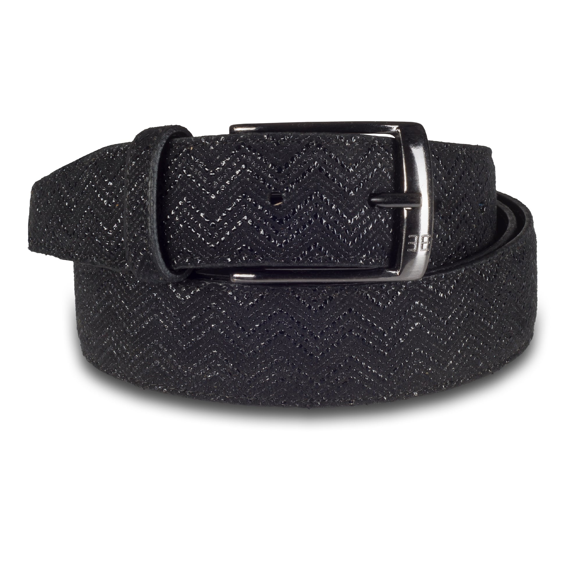 Herren Anzuggürtel aus Strukturleder in Chevron-Optik, Breite 3.5 cm, schwarz. Dunkelsilberne Dornschließe