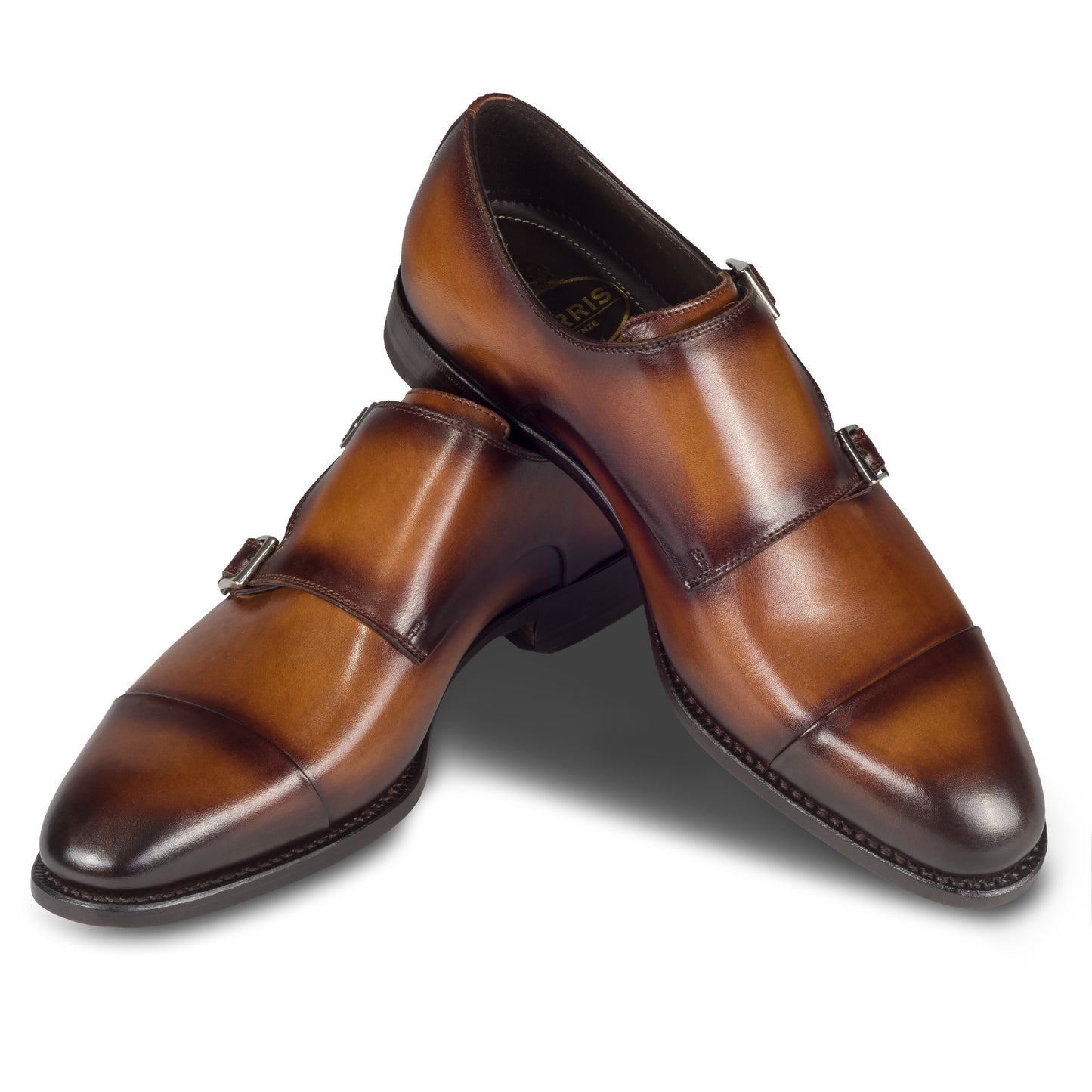 HARRIS Herren Double Monk braun, Herrenschuhe aus Kalbsleder mit Patina, handgefärbt und durchgenäht. Paarweise Ansicht überkreuzt