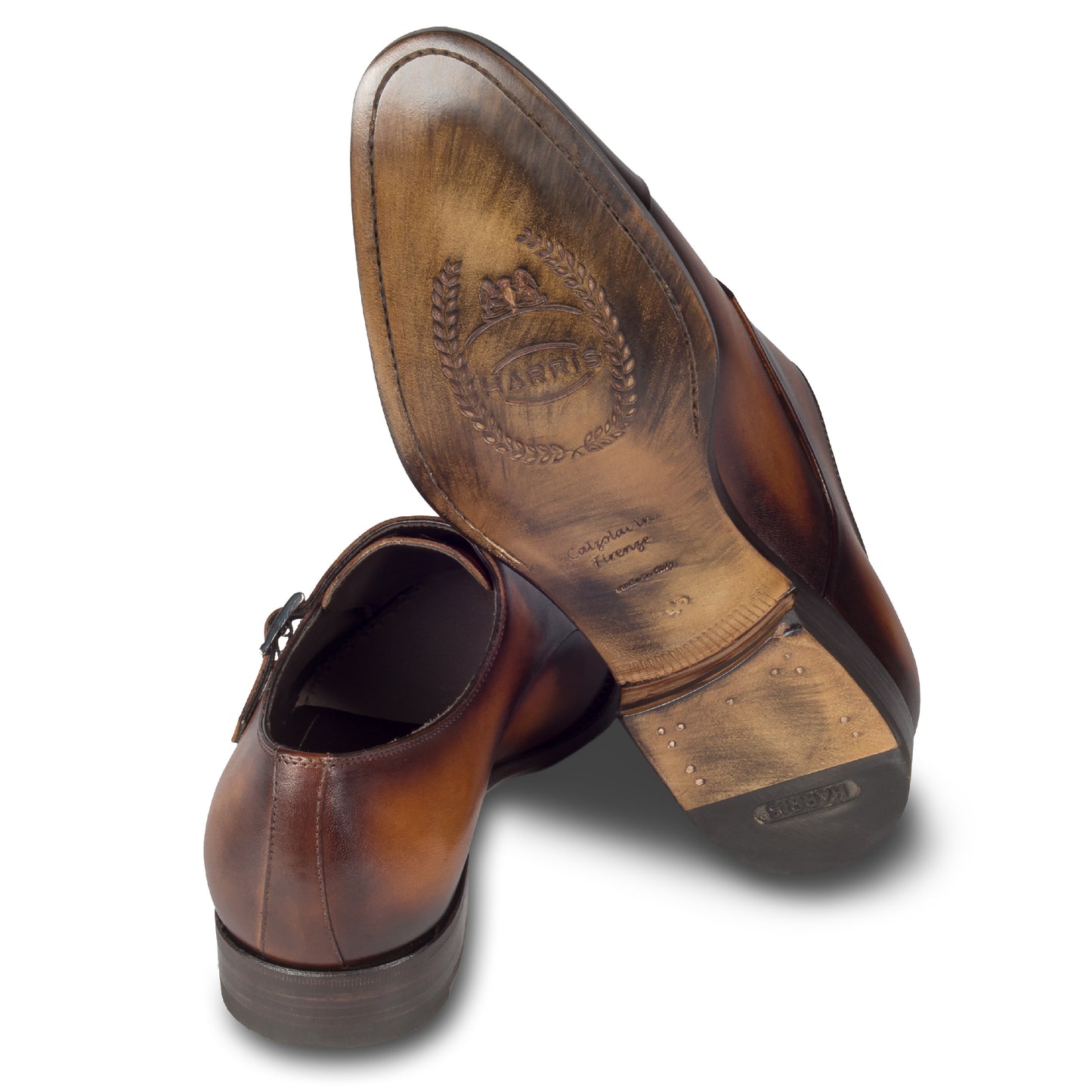 HARRIS Herren Double Monk braun, Herrenschuhe aus Kalbsleder mit Patina, handgefärbt und durchgenäht. Ansicht Ferse und Sohle