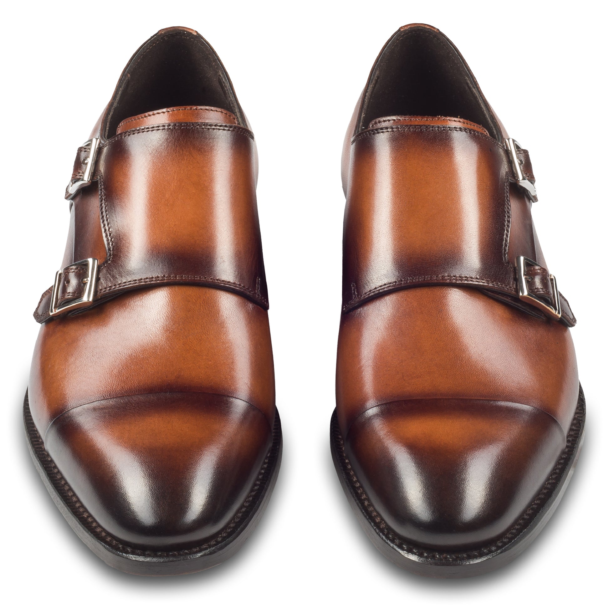 HARRIS Herren Double Monk braun, Herrenschuhe aus Kalbsleder mit Patina, handgefärbt und durchgenäht. Paarweise Ansicht von vorne