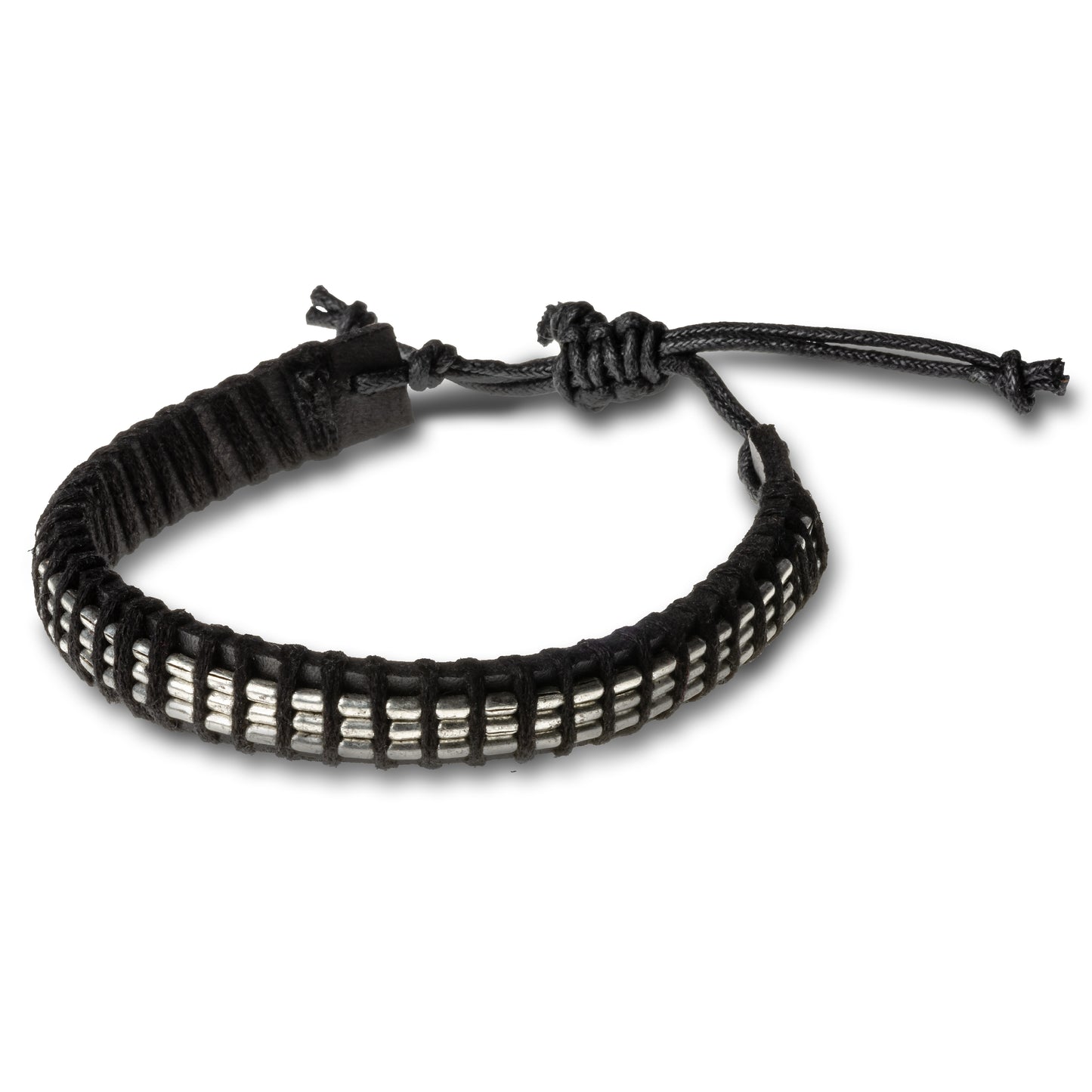 Herren-Armband in schwarz aus geflochtenem Leder mit eingearbeiteten Metall-Akzenten