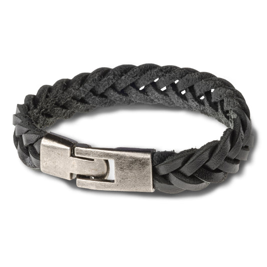 Lederarmband für Herren aus schwarzem, geflochtenen Echt-Leder mit praktischem Schnellverschluß aus Stahl.