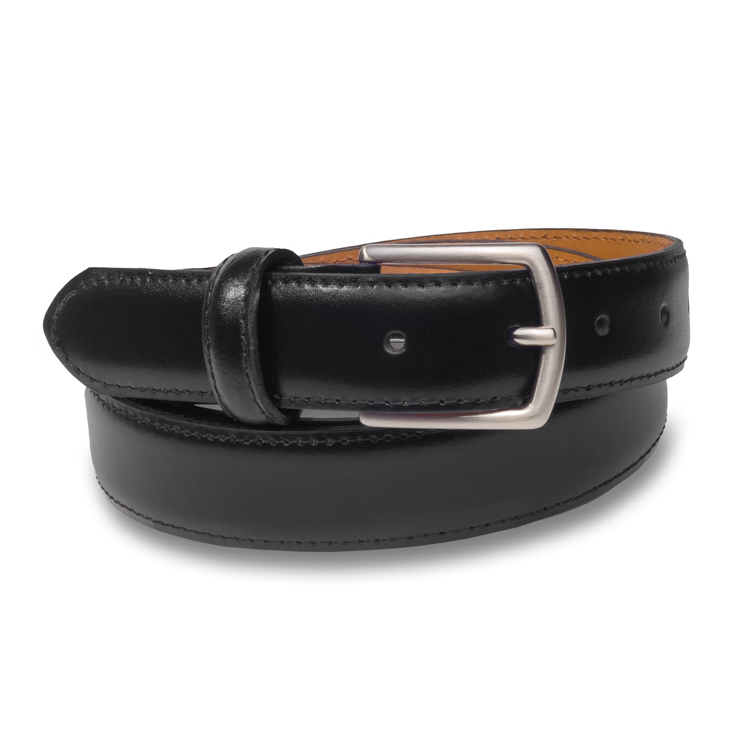 Herren Leder-Gürtel aus Rindleder, schwarz, Schließe silber mattiert. Länge kürzbar. Hier zusammengerollt.