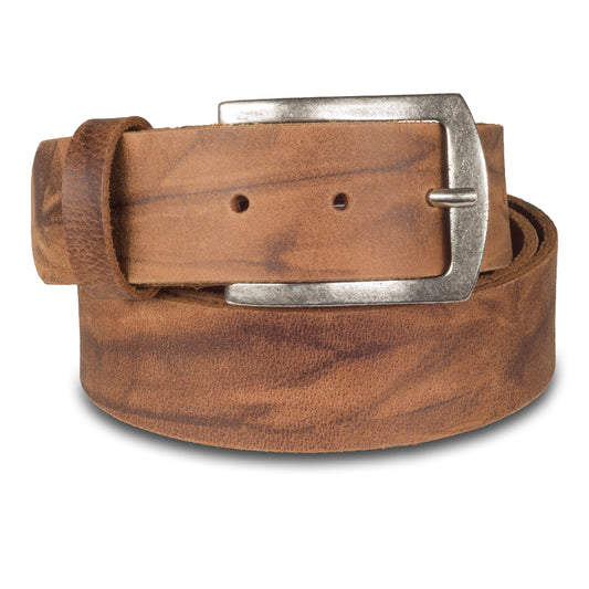 Herren Jeans-Gürtel aus Büffelcroupons-Leder in braun mit Changierung, 4 cm breit. Dornschließe in Altsilber