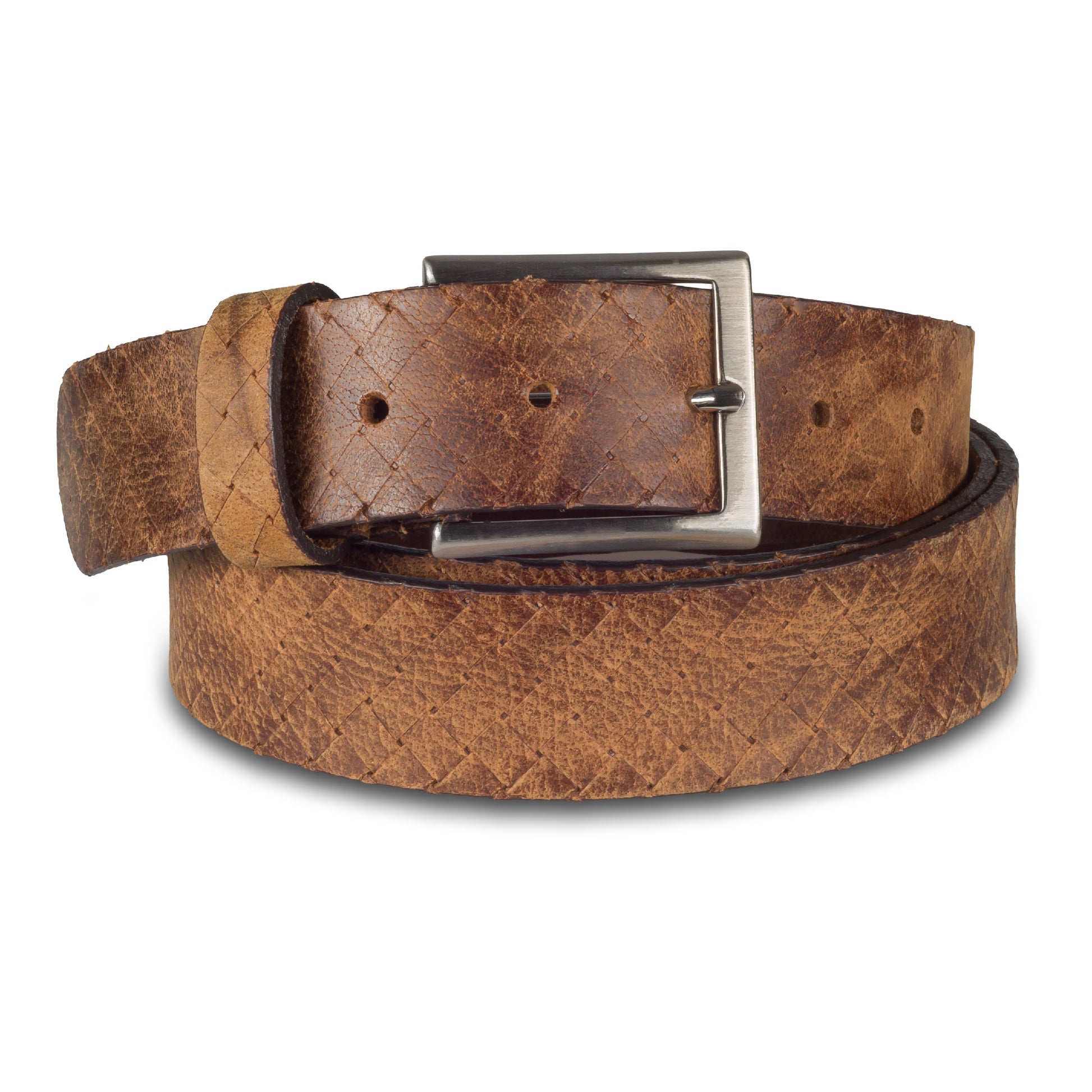 Herren Jeans-Gürtel aus Velours-Leder in braun mit Flechtoptik, 3.5 cm breit. Dornschließe in silber mattiert