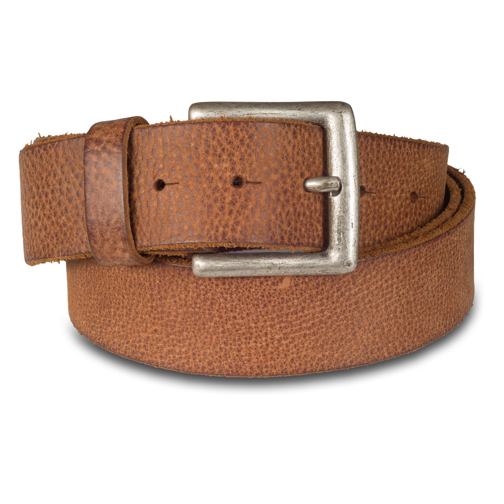 Jeans-Gürtel aus Vollrind-Leder in mittelbraun. 3,8 cm breit. Dornschließe in Antiksilber