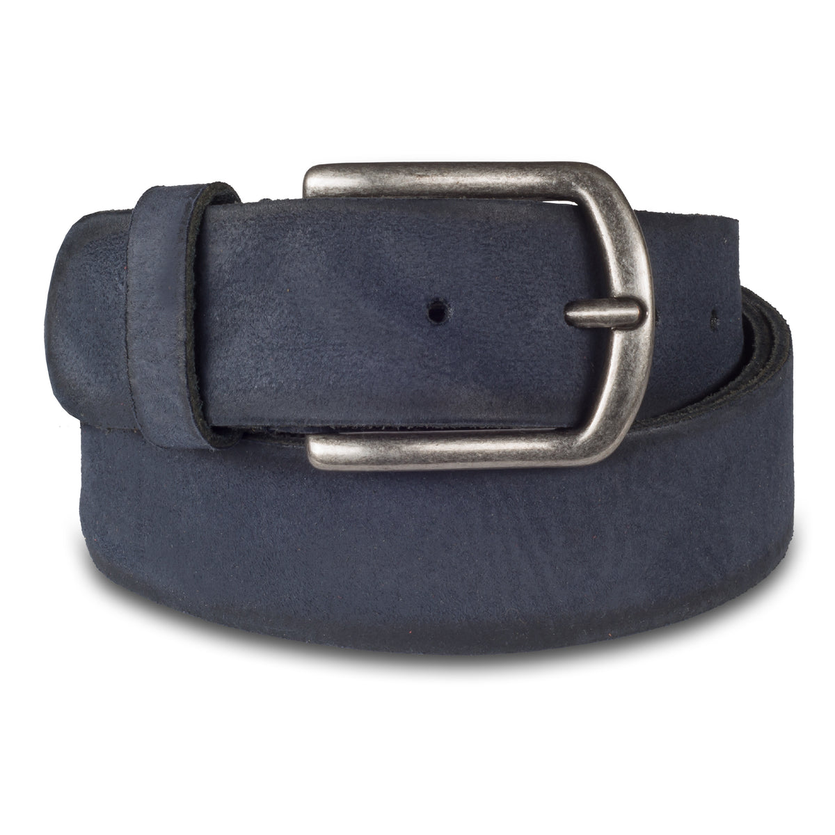 Jeans-Gürtel aus Vollrind-Leder in dunkelblau mit geschwärzten Kanten und mattierter Oberfläche. 4 cm breit. Dornschließe in silber mattiert.