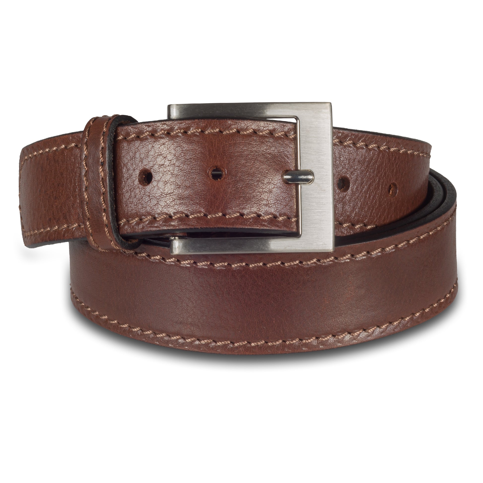 Jeans-Gürtel aus Vollrind-Leder in dunkelbraun. 4 cm breit. Dornschließe in silber mattiert