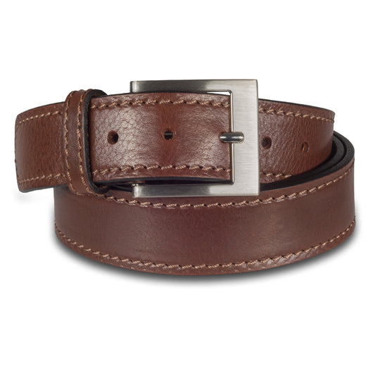 Jeans-Gürtel aus Vollrind-Leder in dunkelbraun. 4 cm breit. Dornschließe in silber mattiert