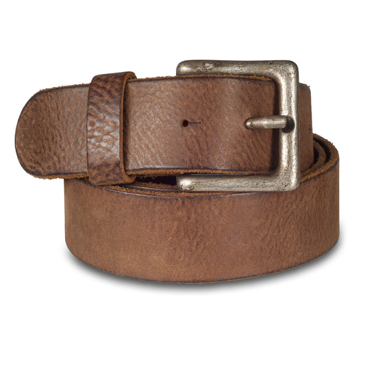 Jeans-Gürtel aus mattem Vollrind-Leder in braun. 3,8 cm breit. Dornschließe in Altsilber