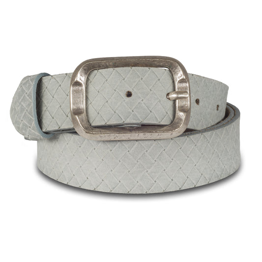 Herren Jeans-Gürtel aus Velours-Leder in grau mit Flechtoptik, 3.5 cm breit. Dornschließe in Altsilber.