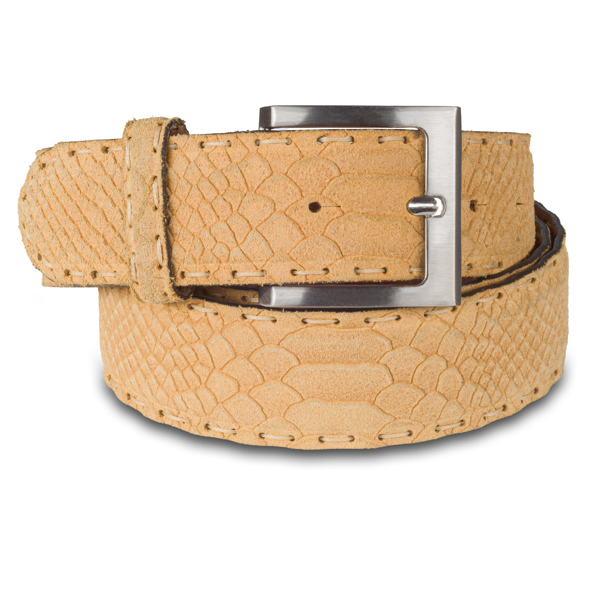 Ledergürtel hellbraun / beige aus Velourlseder (Wildleder) in originalgetreuer Reptiloptik mit dekorativer Ziernaht. Schließe silber mattiert, Breite 4 cm. Länge kürzbar
