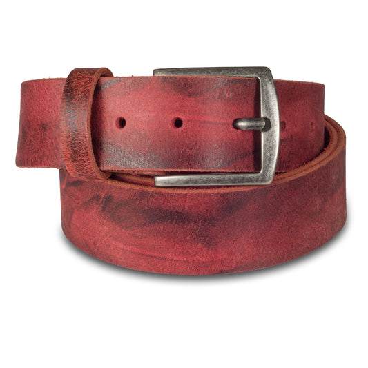 Herren Jeans-Gürtel rot Büffelcrouponsleder, 4 cm breit. Dornschließe in Altsilber.