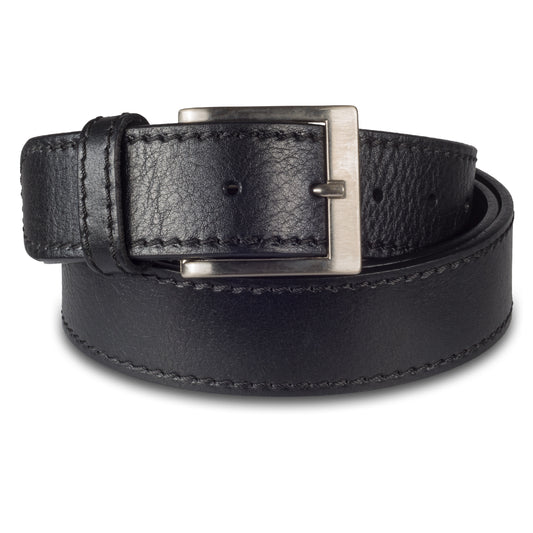 Jeans-Gürtel aus Vollrind-Leder in schwarz. 4 cm breit. Dornschließe in silber mattiert