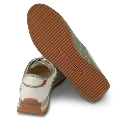 KAMO-GUTSU Sneaker Herren mint grün und creme weiß, Leder mit Wildleder. Modell GIRO-006 edera. Ansicht Ferse und Sohle