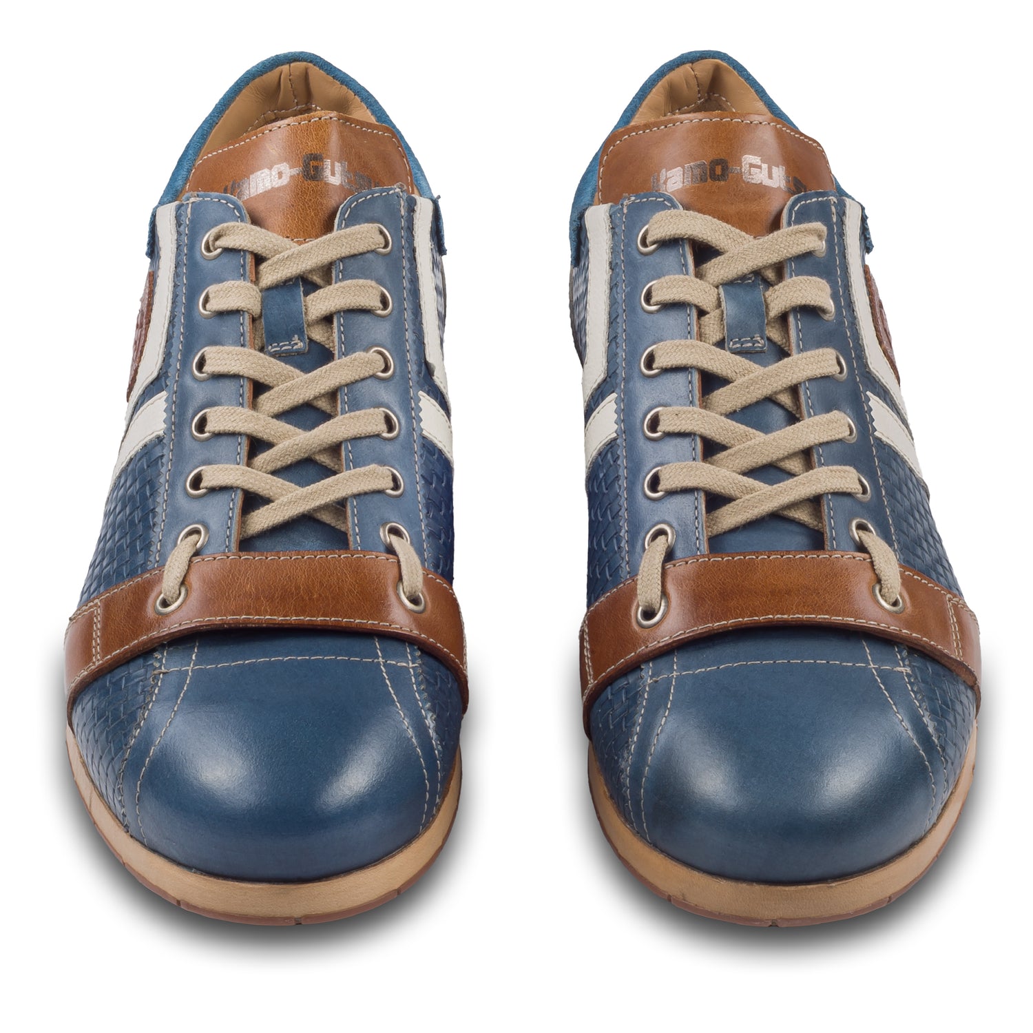 Kamo-Gutsu Sneaker Herren in Blau mit Weiß und Braun (TIFO-030 royal icaro). Aus Kalbsleder in Flechtoptik. Handgefertigt Made in Italy. Paarweise Ansicht von vorne.