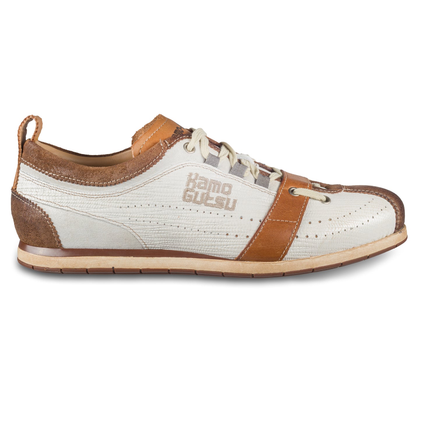 KAMO-GUTSU Herren Leder Sneaker, weiß/braun, Modell TIFO017 hazel-bianco. Ansicht Außenseite rechter Schuh