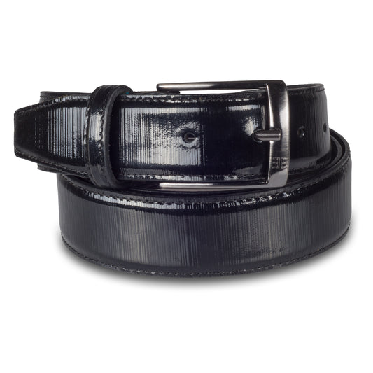 Herren Anzuggürtel aus Lack-Leder mit Strukturprägung (Querreillen) in schwarz, 3,3 cm breit. Dunkelsilberne Dornschließe.