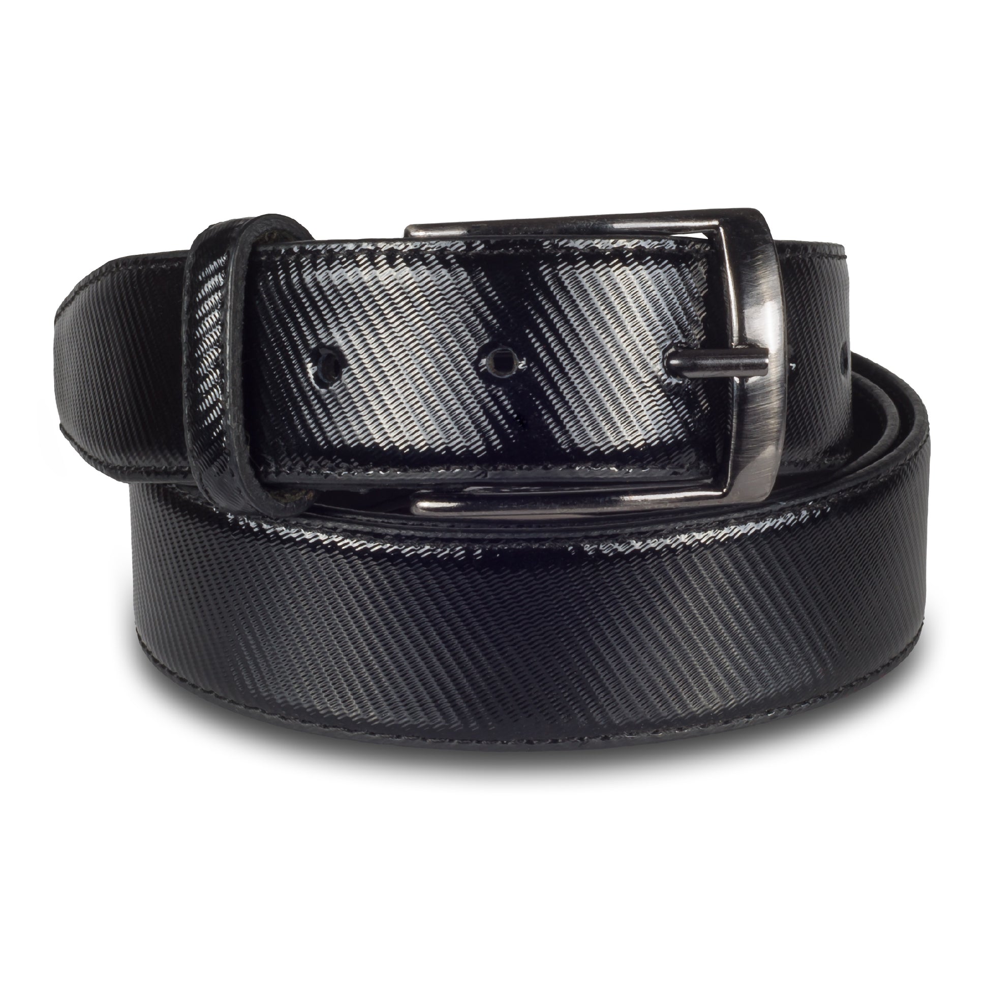 Herren Anzuggürtel aus strukturiertem Lack-Leder in blau 3,3 cm breit. Dunkelsilberne Dornschließe.