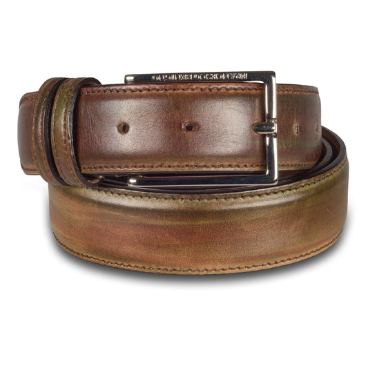 FRANCESCO BENIGNO Leder Gürtel Herren handgefärbt – Braun/Olive, Breite 3.5 cm, kürzbar