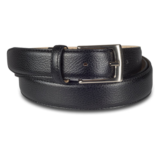 Herren Anzuggürtel aus genarbtem Rindleder in schwarz 3 cm breit. Mattiert silberne Dornschließe.