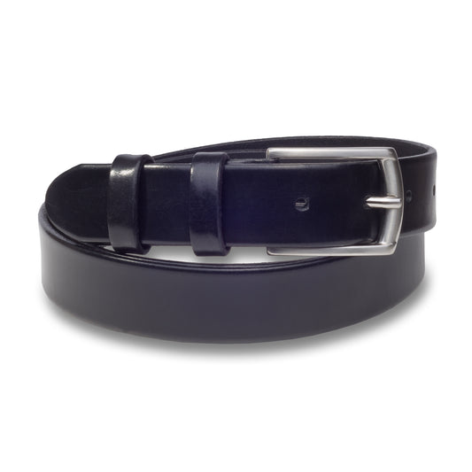 Handgefertigter Herren-Ledergürtel in blau, 3 cm breite. Schließe silber mattiert