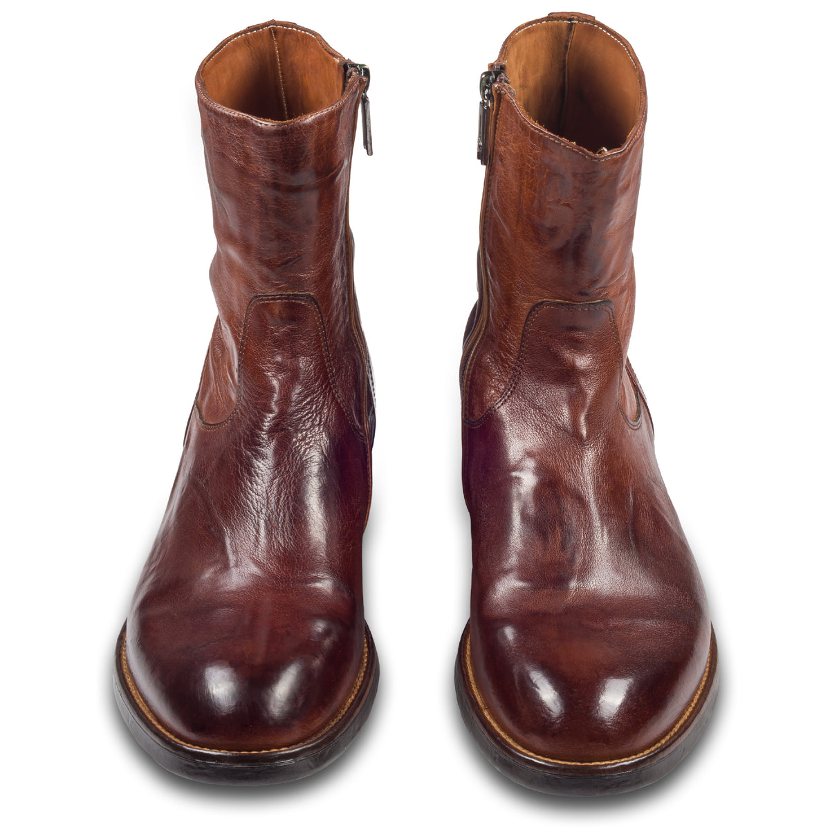 LEMARGO Herren Stiefelette in cognac braun, mit Reißverschluß. Handgefärbt und Durchgenäht, made in Italy. Ansicht paarweise von vorne